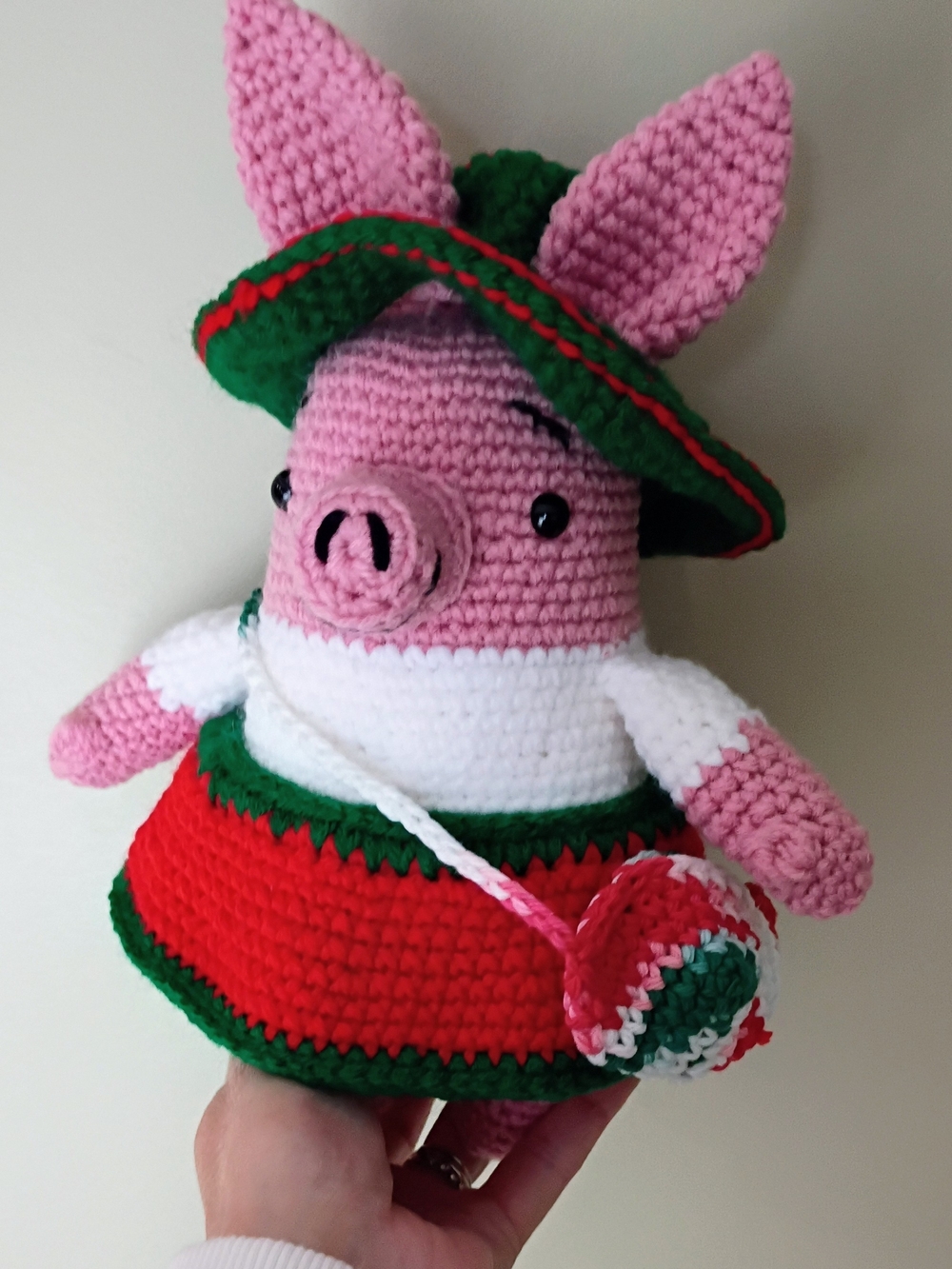 Handmade Crochet Christmas Pig with remote Clothing and Bag